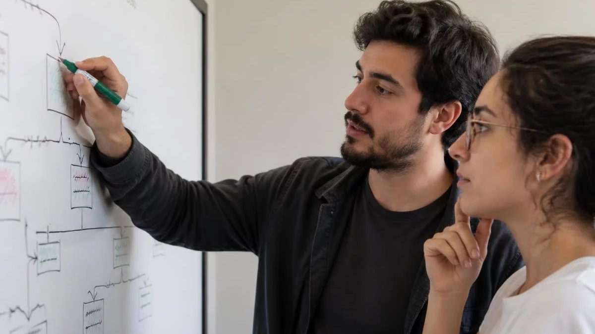 Duas participantes de pé diante do quadro branco, montando um argumento a caneta